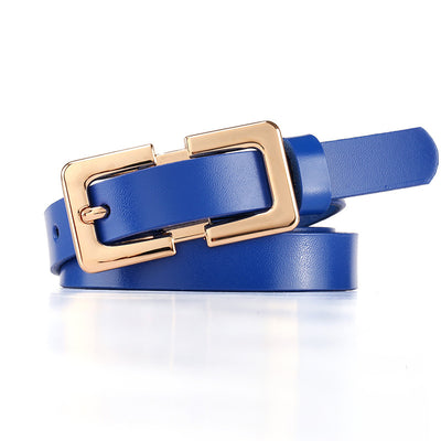 Thin dark brown cowhide leather belt with a gold-colored rectangular pin buckle on a white background. - Image 4