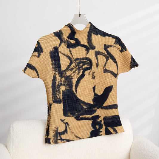 Vestido Camiseta Manga Corta con Cuello Alto Drapeado para Verano - Image 2