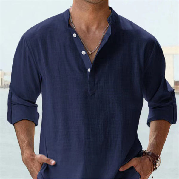 Camisa Casual Suelta de Algodón Manga Larga Color Sólido para Hombre