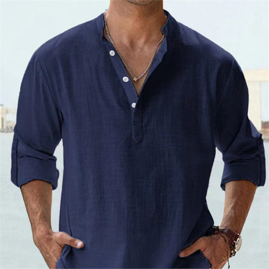Camisa Casual Suelta de Algodón Manga Larga Color Sólido para Hombre