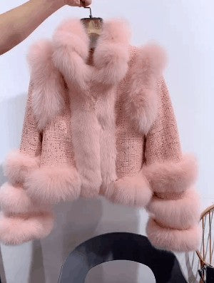 Abrigo Corto Mujer Tweed con Detalles de Piel de Zorro - Invierno - Image 2