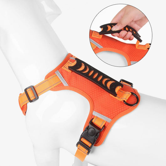 Orange no-pull dog harness with reflective strips, adjustable buckles, and a top handle for training and outdoor use. - Image 24