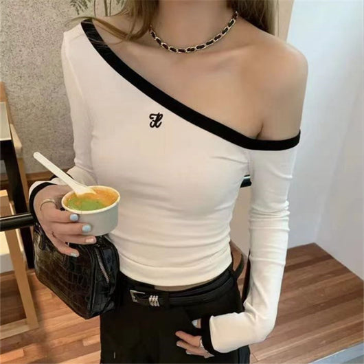 Blusa Slim Fit Hombro Descubierto con Contraste de Colores y Mangas Largas - Image 7