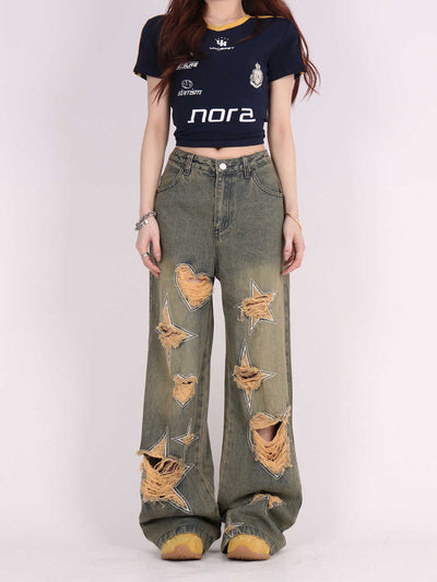Pantalones Vaqueros Anchos Vintage Desgastados Love - Image 7