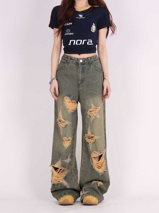 Pantalones Vaqueros Anchos Vintage Desgastados Love - Image 7