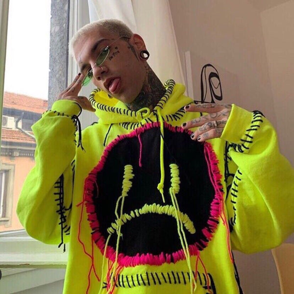 Suéter Hoodie Holgado Bordado Manga Larga Artesanal