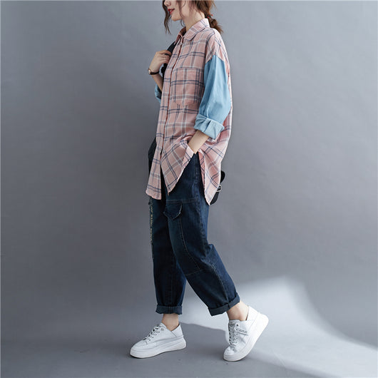 Camisa Oversized de Patchwork Manga Larga Suelta - Image 4