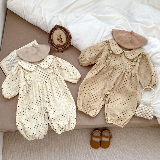 Mameluco Bebé Niña Pana con Lunares y Solapa a Juego - Traje Largo para Gatear