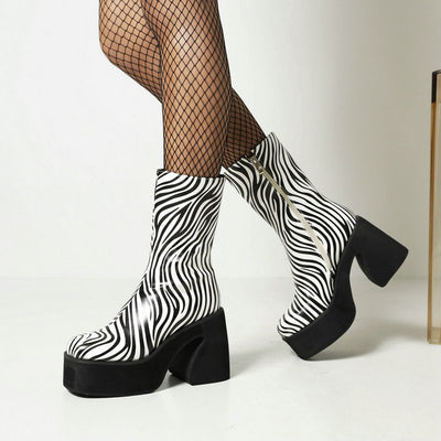 Botines para Mujer con Tacón Alto Grueso y Plataforma - Patrón Leche - Image 9