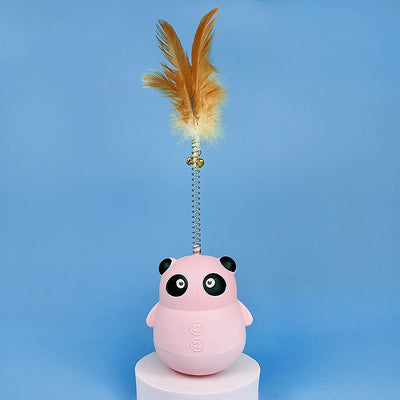 Light blue panda tumbler pet toy with a spring-attached feather and bell, designed to dispense treats. - Image 6