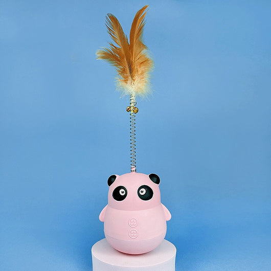 Light blue panda tumbler pet toy with a spring-attached feather and bell, designed to dispense treats. - Image 6