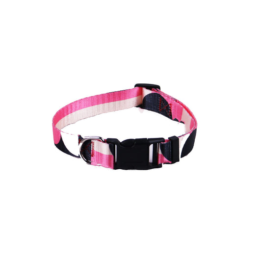 Pink, black, and white patterned polyester dog leash with a silver metal swivel snap hook, coiled on a white background. - Image 6