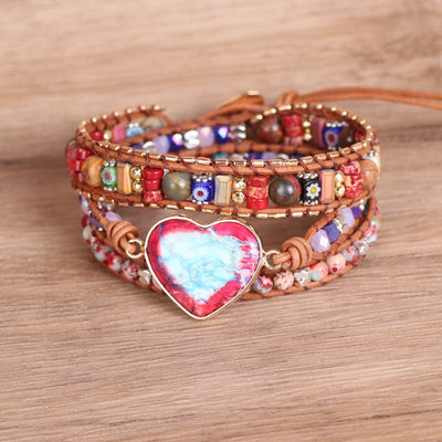 Pulsera Multicapa de Cuero Trenzado con Piedra Emperador y Abalorios Coloridos