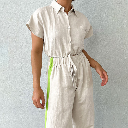 Conjunto Retro Mujer: Blusa Suelta con Cordones y Pantalón Ancho Cintura Alta