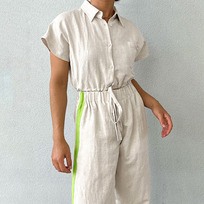 Conjunto Retro Mujer: Blusa Suelta con Cordones y Pantalón Ancho Cintura Alta