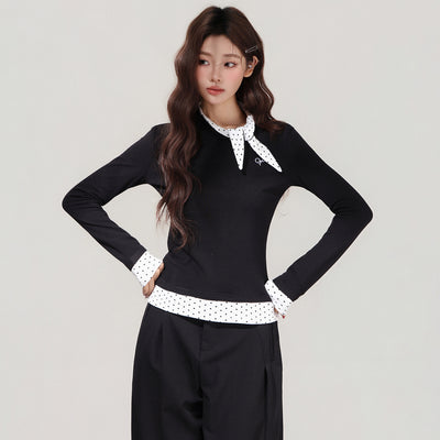 Blusa Negra con Lunares y Moño - Efecto Dos Piezas, Manga Larga - Image 4