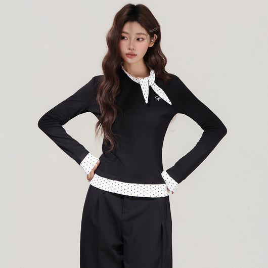 Blusa Negra con Lunares y Moño - Efecto Dos Piezas, Manga Larga - Image 4