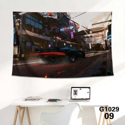 Cyberpunk 2077 tapestry featuring V and Jackie Welles with a neon-lit futuristic city skyline background. - Image 13