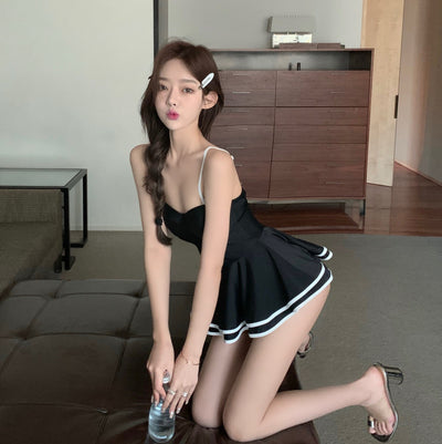 Traje de Baño Retro Estilo Japonés y Coreano - Vestido Negro Francés Elegante - Image 3