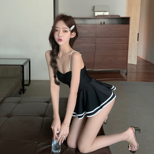 Traje de Baño Retro Estilo Japonés y Coreano - Vestido Negro Francés Elegante - Image 3