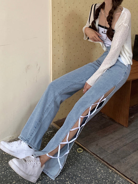 Jeans Talle Alto con Aberturas Laterales Irregulares y Tirantes - Estilo Coreano - Image 11