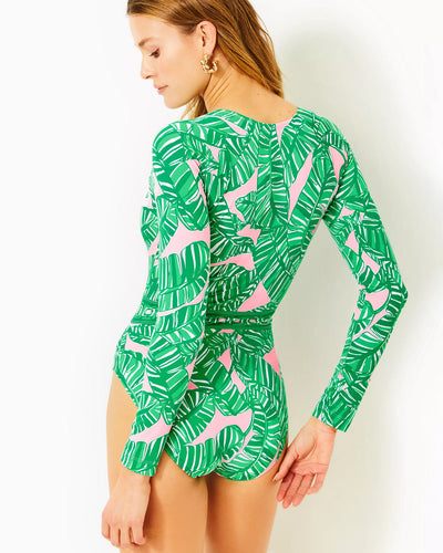Green and pink tropical leaf print maxi skirt with tiered ruffles and an elastic waistband. - Image 15