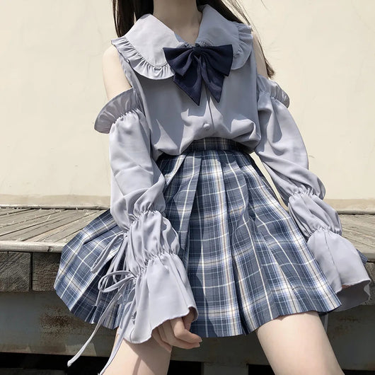 Uniforme Escolar Japonés con Falda y Blusa de Manga Abullonada