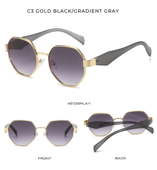 Polygonal sunglasses with a gold metal frame, beige temples, and dark black-gray lenses on a white background. - Image 15