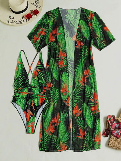 Women's tropical print one-piece swimsuit with deep V-neck and high-cut leg, paired with a matching long-sleeve cover-up. - Image 22