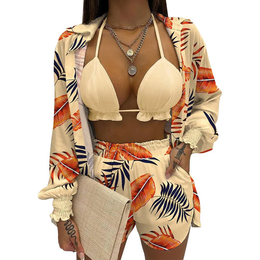 Women's three-piece beachwear set with neon yellow bikini top, floral print long-sleeve shirt, and matching shorts. - Image 20
