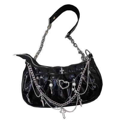 Bolso Bandolera Gótico de Cuero Charol con Diseño Plisado Multiuso - Image 6