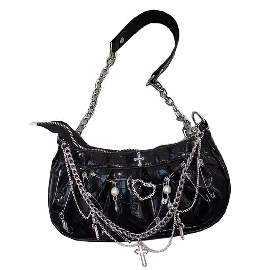 Bolso Bandolera Gótico de Cuero Charol con Diseño Plisado Multiuso - Image 6