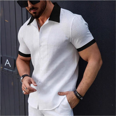 Camisa Casual Hombre Jacquard Bloques de Color Manga Corta - Image 6