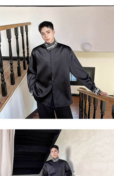 Camisa de Satén Elegante para Hombre con Cuello Mao y Detalles de Lentejuelas Brillantes - Image 12