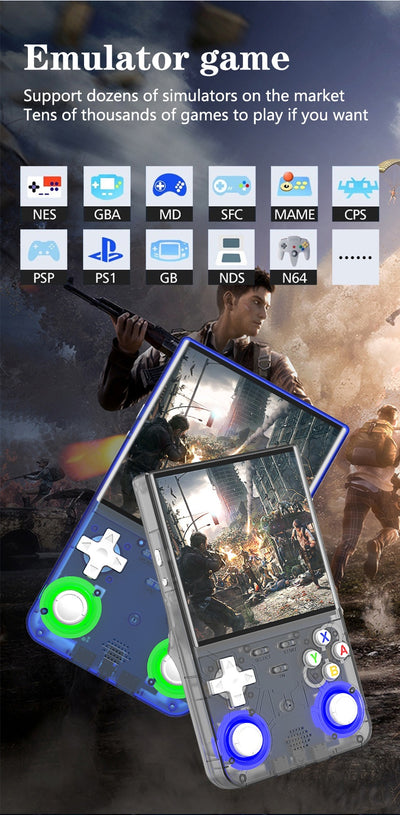 White handheld game console with a 4-inch HD screen, dual joysticks, and various buttons, shown with blue, black, and purple variants. - Image 21