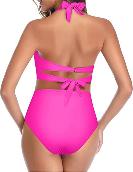 Bright yellow two-piece bikini with a halter neck top featuring a twisted bow and high-waisted ruched bottoms. - Image 14