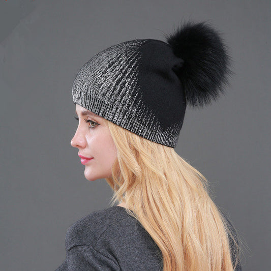 Gorro Tejido de Lana Cálido para Mujer - Dorado y Plateado