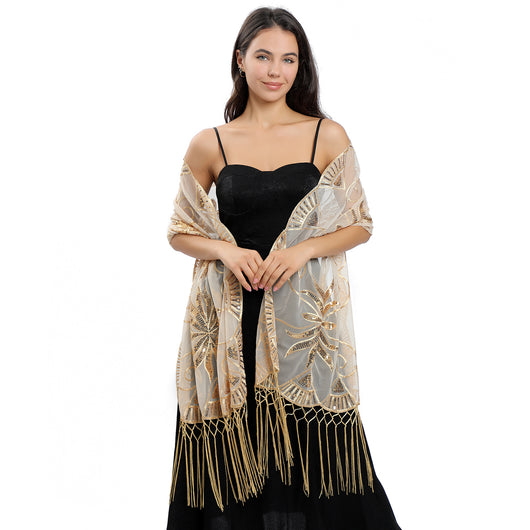 Chal Largo Bordado con Lentejuelas y Plumas - Image 2