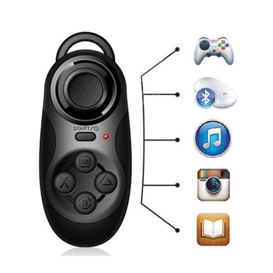 Black mini Bluetooth controller with joystick and buttons, shown with icons for gaming, music, camera, and e-reading.