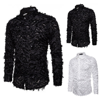 Camisa de Hombre con Borlas de Pluma en Solapa