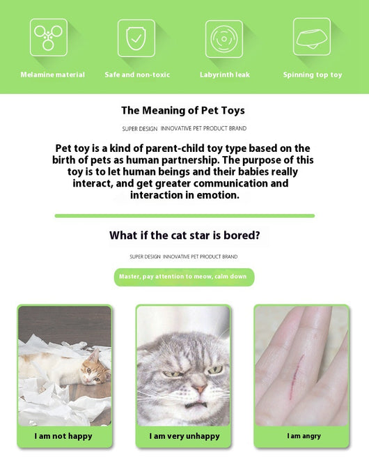 Green and white pet toy, a round food dispenser with multiple openings and a central spinning element for cats. - Image 11