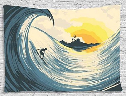 Surf tapestry featuring a stylized illustration of a surfer riding a large blue wave at sunset with an island.
