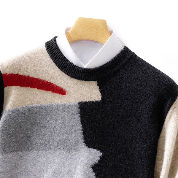 Suéter de Lana para Hombre con Cuello Redondo y Contraste de Colores