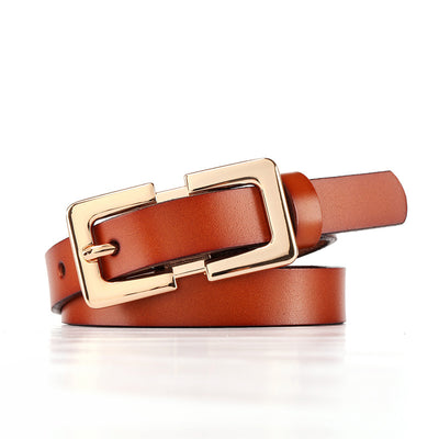Thin dark brown cowhide leather belt with a gold-colored rectangular pin buckle on a white background. - Image 6