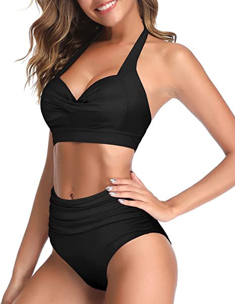 Bright yellow two-piece bikini with a halter neck top featuring a twisted bow and high-waisted ruched bottoms. - Image 19