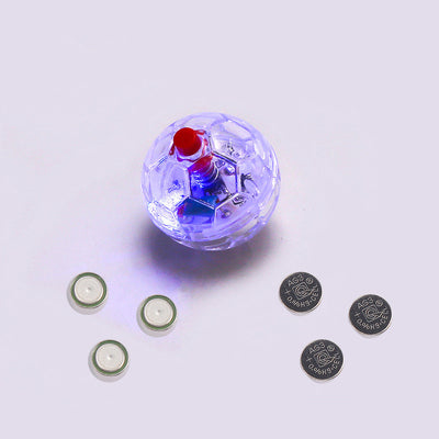Transparent plastic pet toy ball with an internal bell and red flashing light, packaged on a pink card. - Image 11