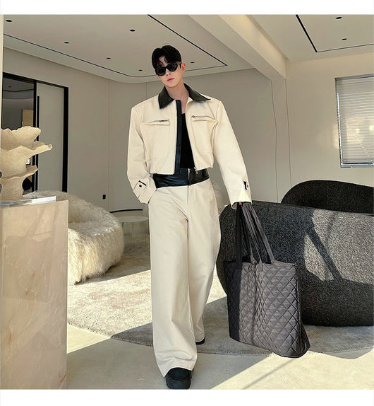 Conjunto Hombre Chamarra de Cuero con Bloques de Color y Pantalón Ancho Casual - Image 19