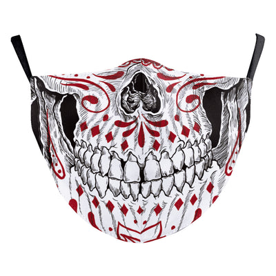 Digital printing dust mask with a funny ghost face and clown design, featuring a sugar skull pattern in red, yellow, and brown. - Image 15