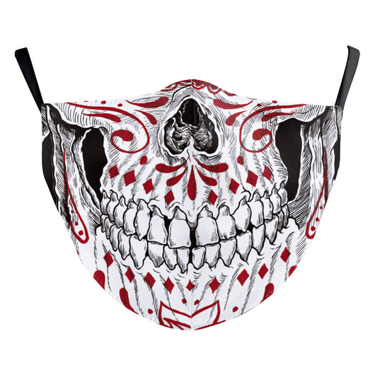 Digital printing dust mask with a funny ghost face and clown design, featuring a sugar skull pattern in red, yellow, and brown. - Image 15