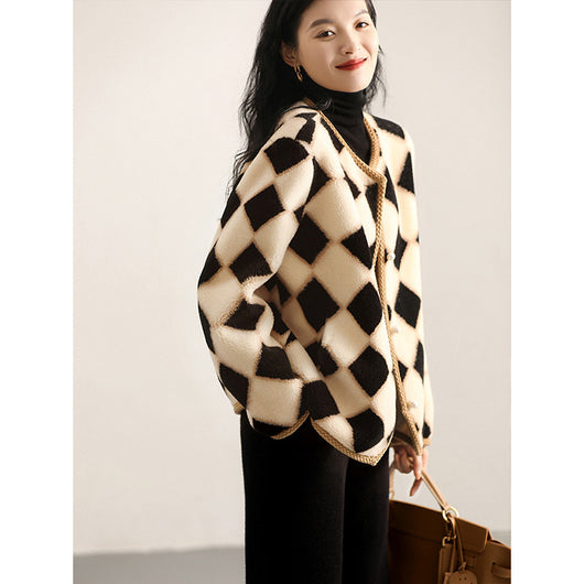 Abrigo de Lana Pura con Diseño Cuadros Escoceses y Piel de Oveja para Invierno - Image 4